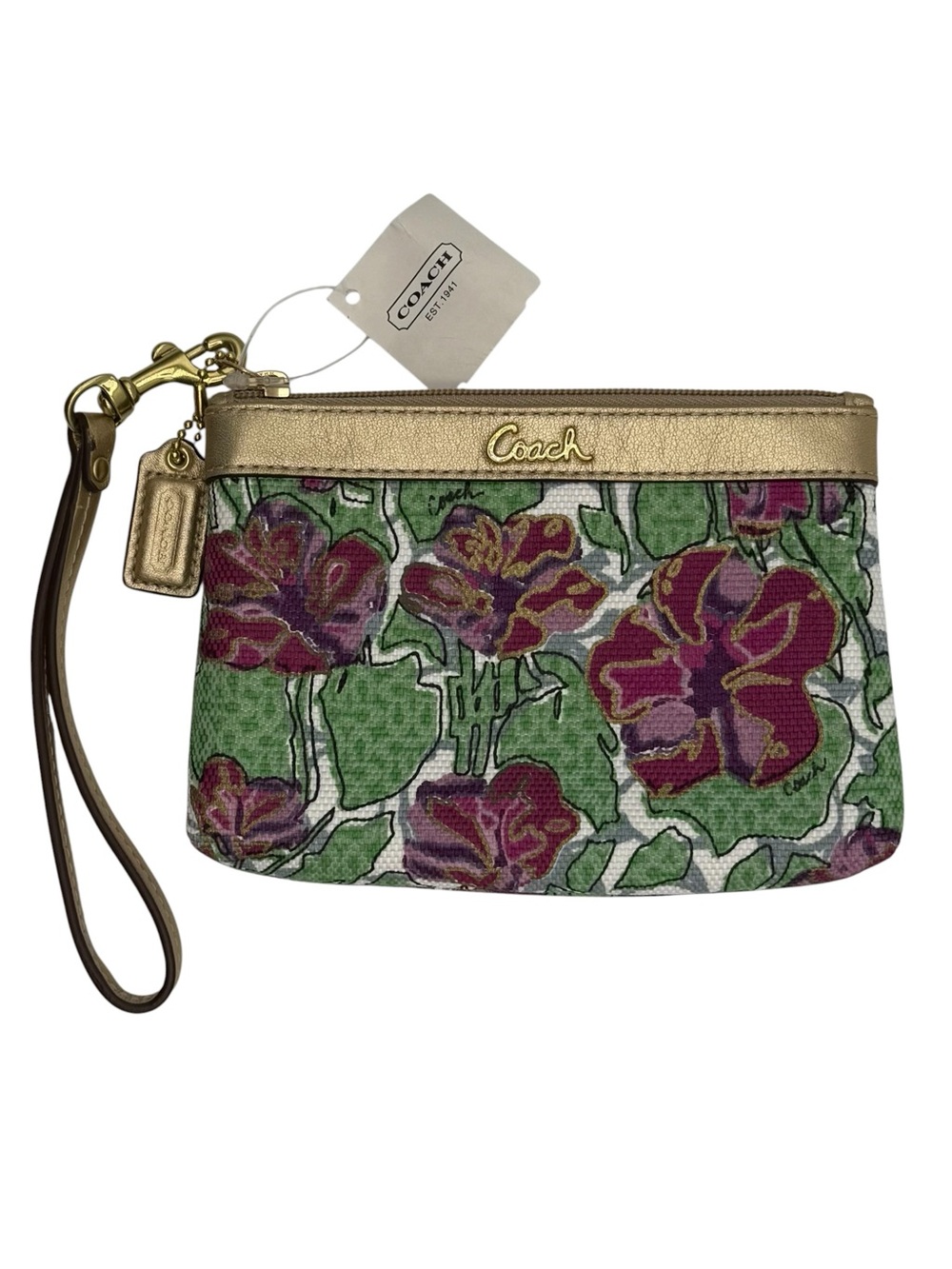 Coach Floral Wristlet in Green, Purple & Gold Trim